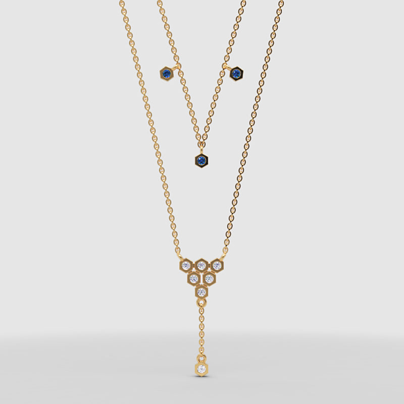 Layered Blue Sapphire And Diamond Honeycomb Ynecklace - Three