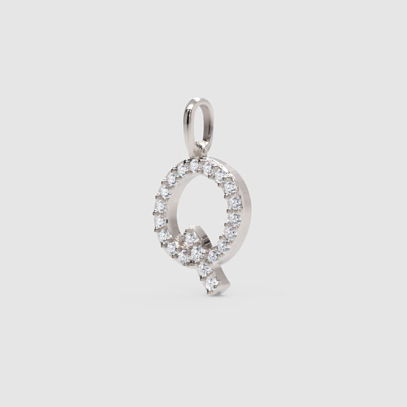 Diamond Letter Q Initial Pendant Charm in White Gold