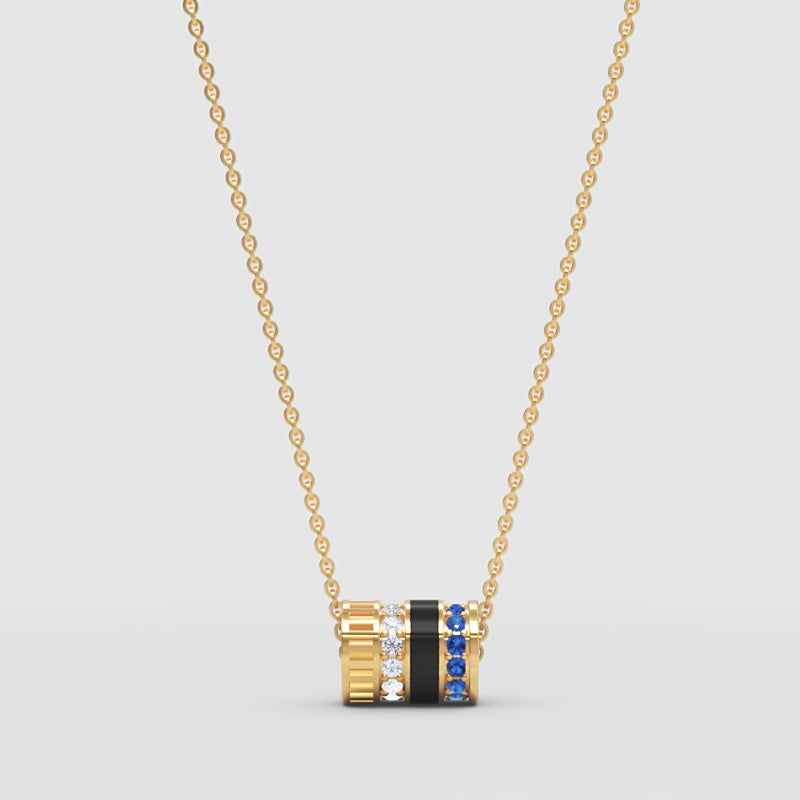 Diamond & Blue Sapphire Barrel Pendant Necklace With Black Enamel In White Gold | Modern Cylindrical Design | Jebij - Three