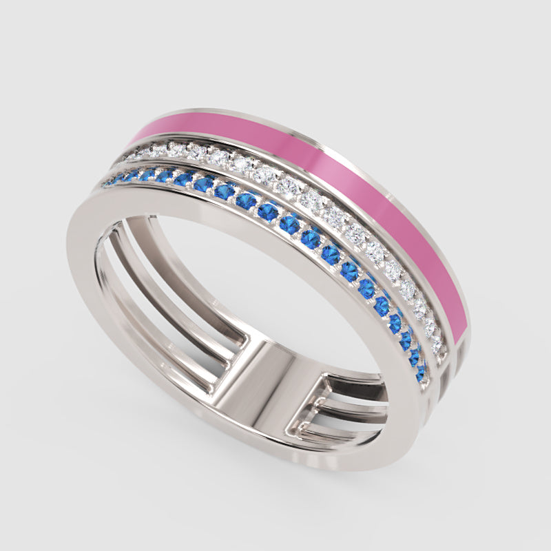 Blue Sapphire And Diamond Stackable Ring Set With Pink Enamel Band - Three