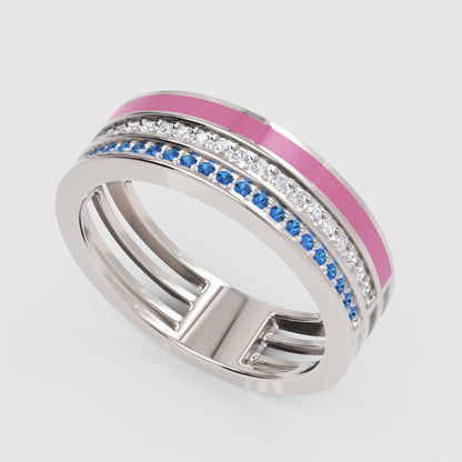Blue Sapphire And Diamond Stackable Ring Set With Pink Enamel Band - Three