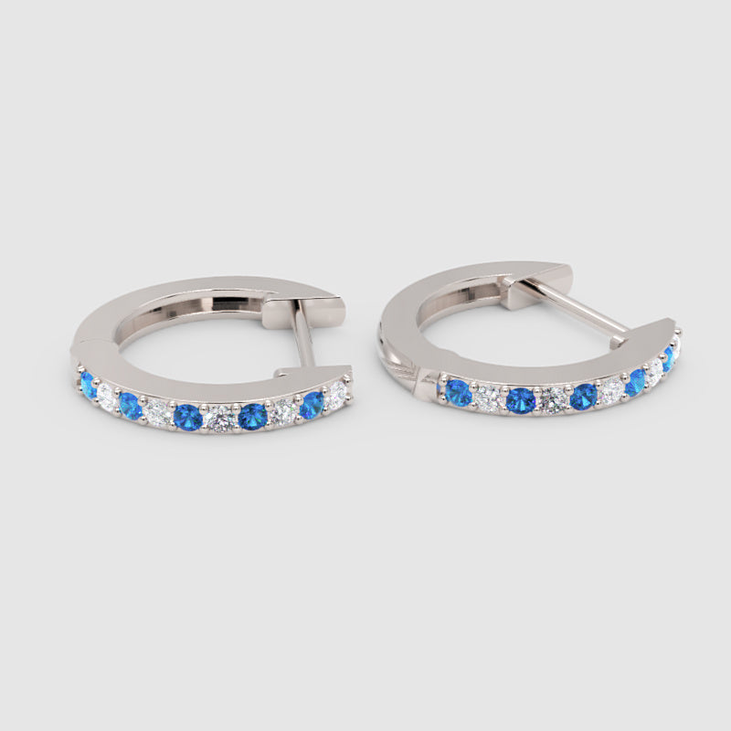 Blue Sapphire And Diamond Huggie Hoop Earrings In White Gold - Three