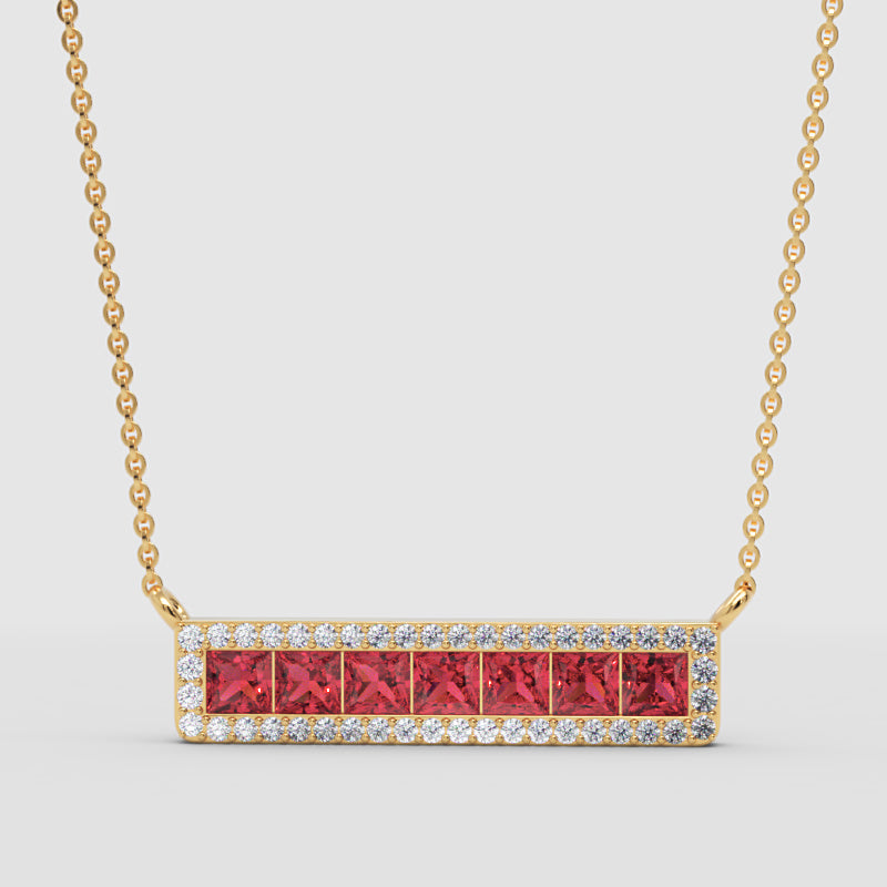 Rose Gold Ruby Princess Cut Diamond Halo Bar Necklace - Three