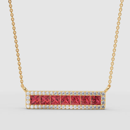 Rose Gold Ruby Princess Cut Diamond Halo Bar Necklace - Three