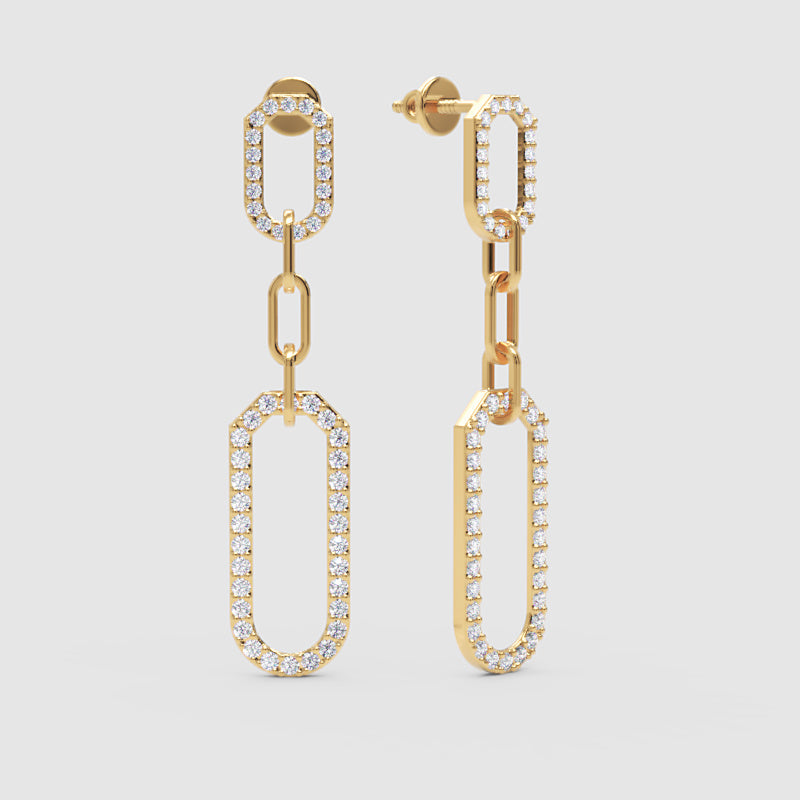 White Diamond Link Drop Earrings Pave Oval Chain Statement Dangle Design - Three