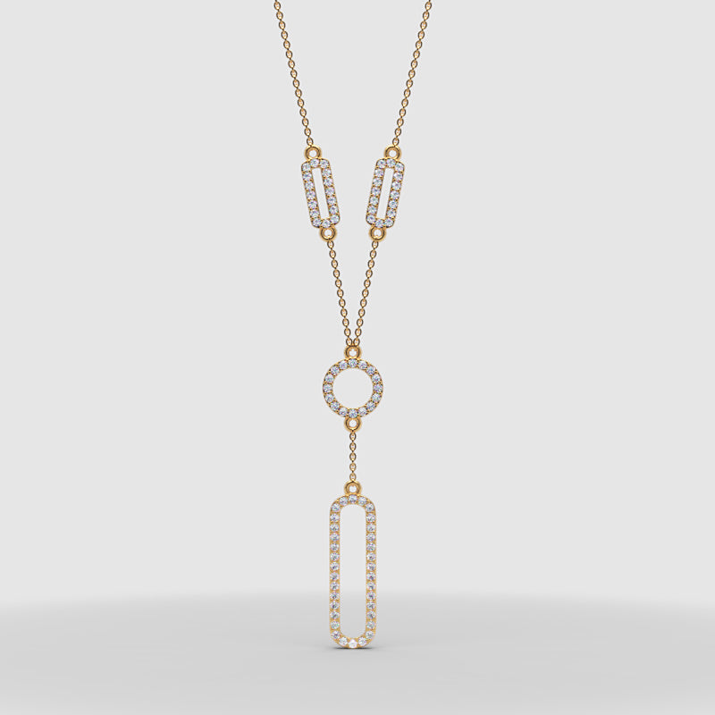 Diamond Geometric Drop Y Necklace In White Gold | Modern Pave Circle & Bar Design (16–17 Inch Adjustable) | Jebij - Three