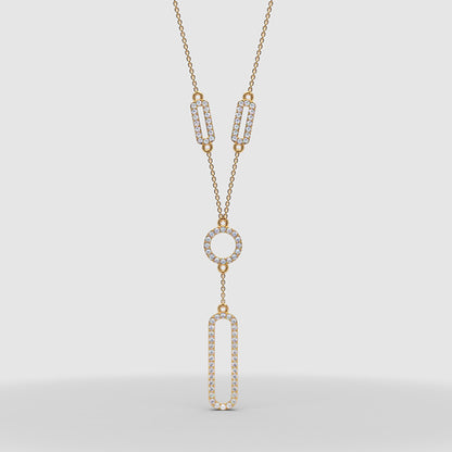 Diamond Geometric Drop Y Necklace In White Gold | Modern Pave Circle & Bar Design (16–17 Inch Adjustable) | Jebij - Three