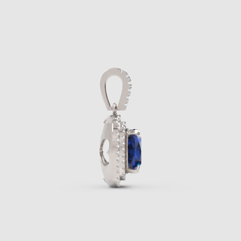 Cushion Cut Blue Sapphire Double Halo Pendant Necklace With Moissanite Accents In 925 Silver - Three