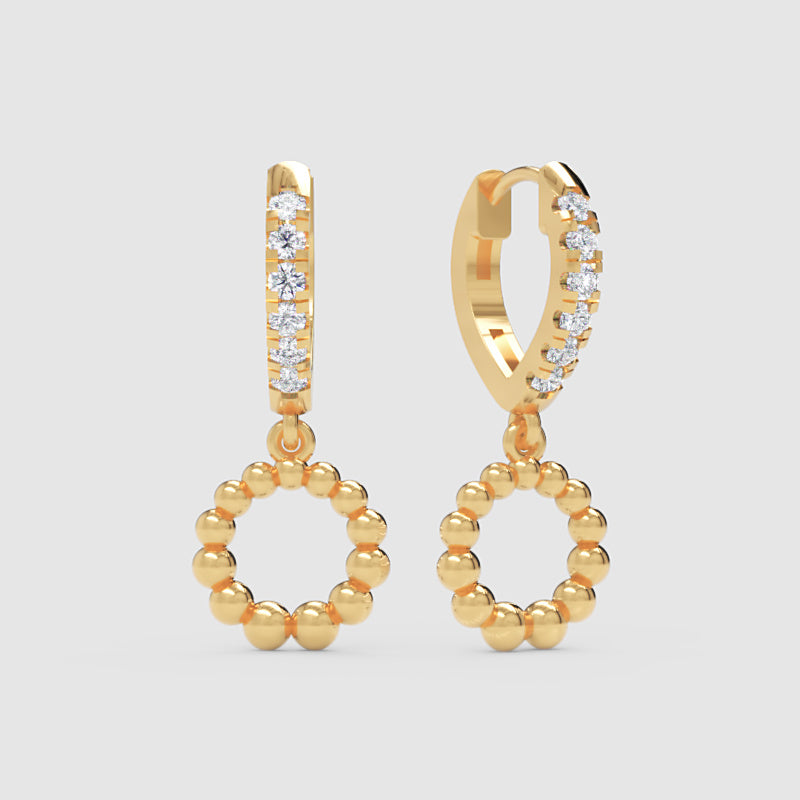 Pav Huggie Hoop Earrings With Beaded Circle Drop Charms - Three