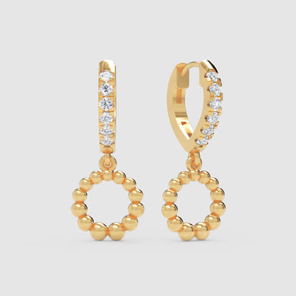 Pav Huggie Hoop Earrings With Beaded Circle Drop Charms - Three