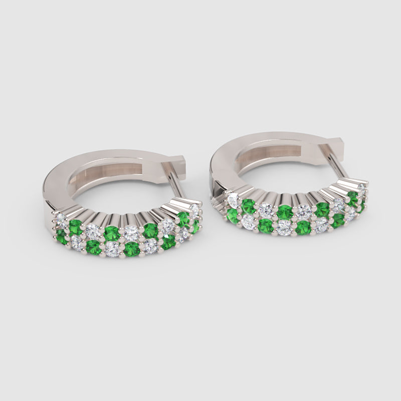 Emerald And Diamond Tworow Hoop Earrings In White Gold - Three