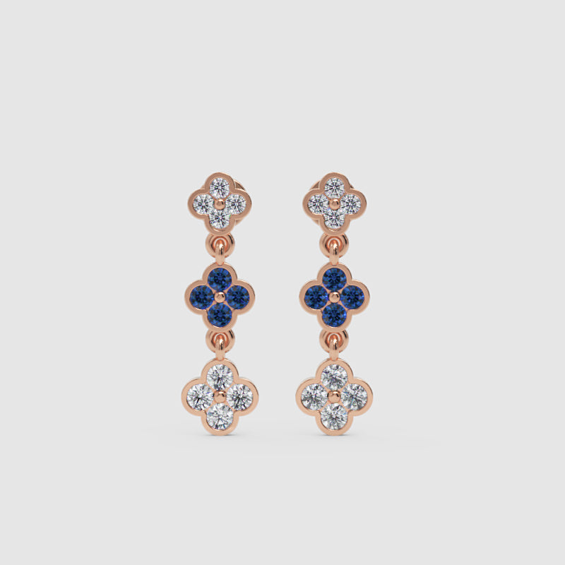Rose Gold Diamond And Blue Gemstone Clover Drop Earrings - Three