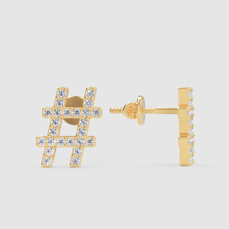 Hashtag Symbol Diamond Stud Earrings With Screw Back - Three