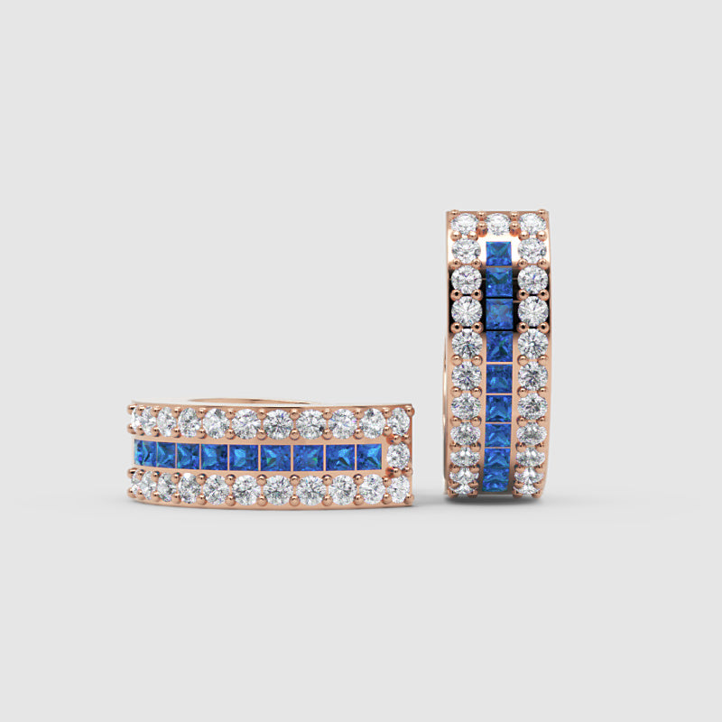 Rose Gold Blue Sapphire And Diamond Huggie Hoop Earrings - Three
