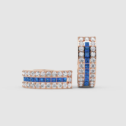Rose Gold Blue Sapphire And Diamond Huggie Hoop Earrings - Three