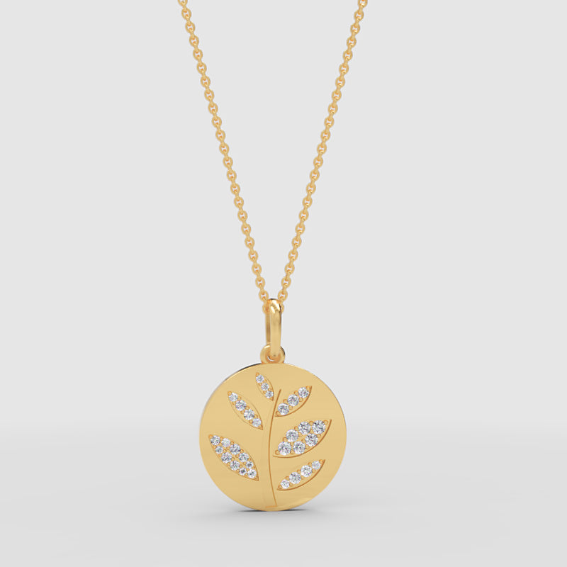 Diamond Leaf Branch Disc Pendant Necklace - Two