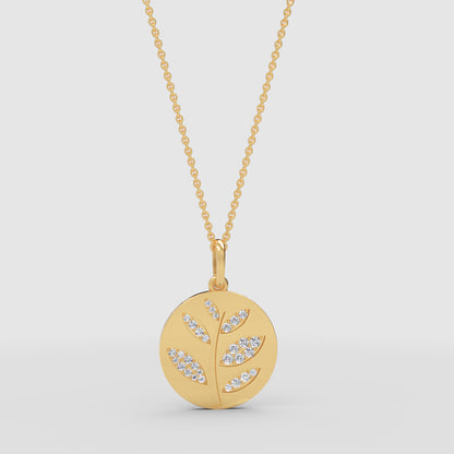 Diamond Leaf Branch Disc Pendant Necklace - Two