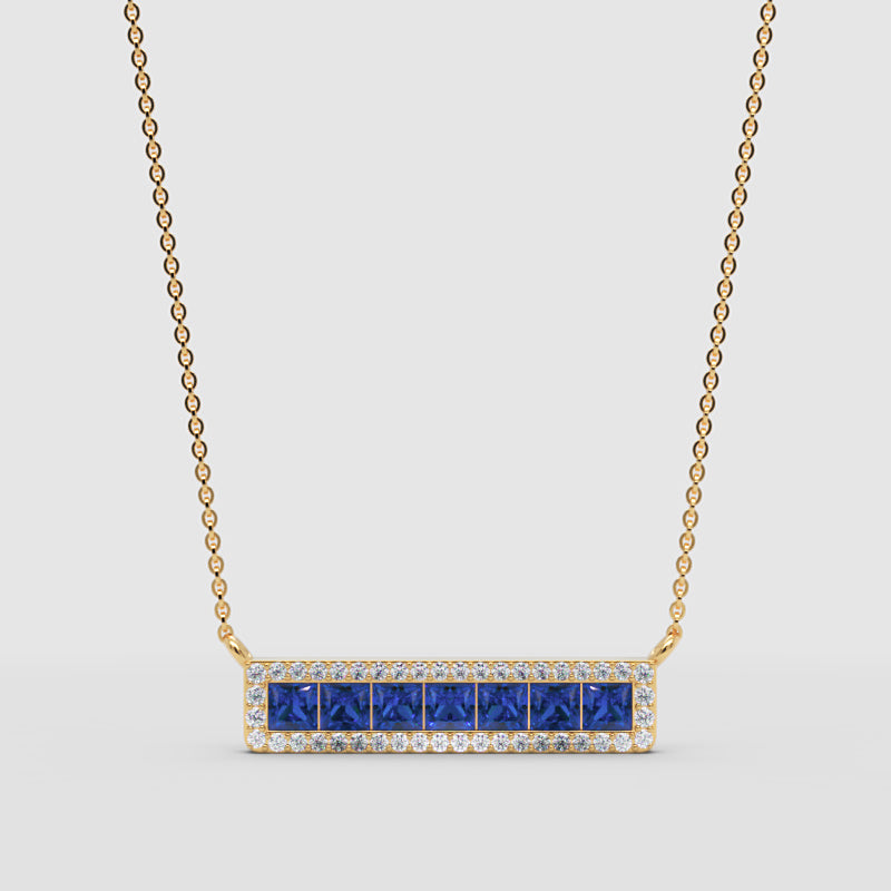 Blue Sapphire And Diamond Bar Necklace In White Gold - Three
