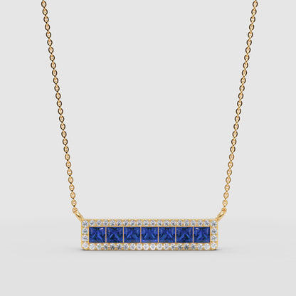 Blue Sapphire And Diamond Bar Necklace In White Gold - Three