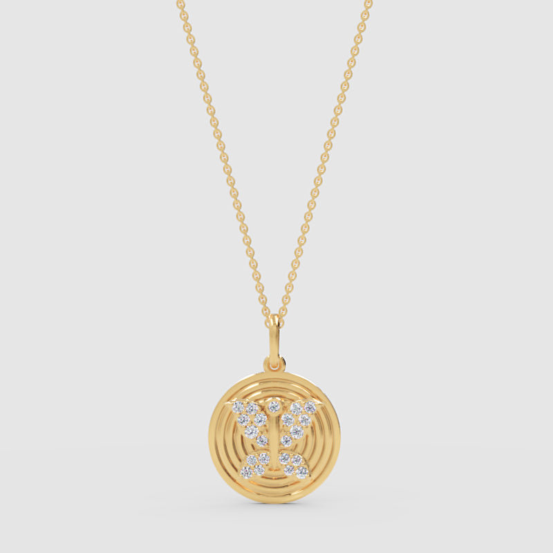 Gemini Zodiac Sign Diamond Pendant Necklace With Circular Ripple Design - Three