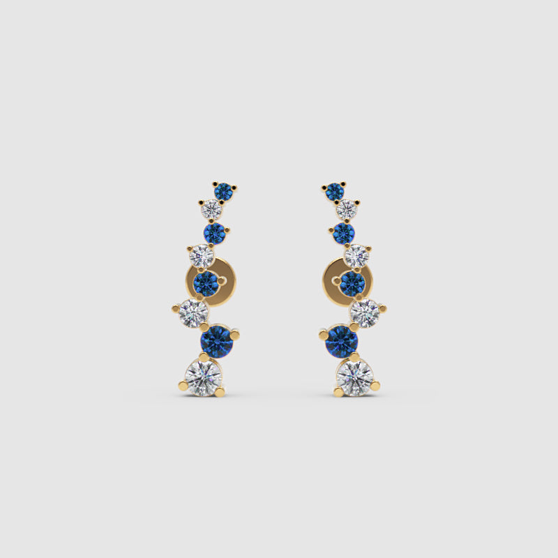 Blue Sapphire And White Diamond Curved Climber Earrings In 14K Yellow Gold - Three