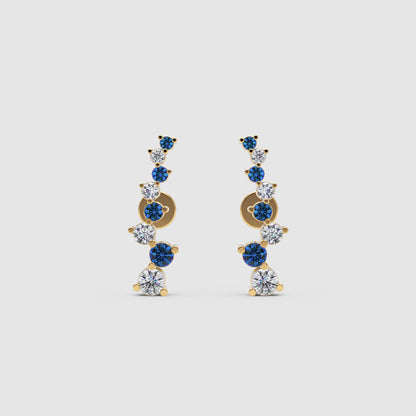 Blue Sapphire And White Diamond Curved Climber Earrings In 14K Yellow Gold - Three