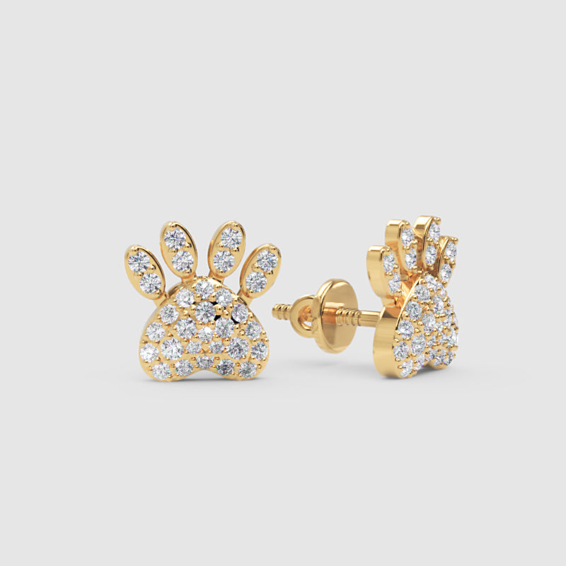 Pav Diamond Paw Print Stud Earrings With Screw Backs - Three