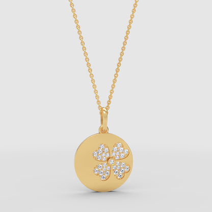 Pav Four Leaf Clover Disc Pendant Necklace - Three