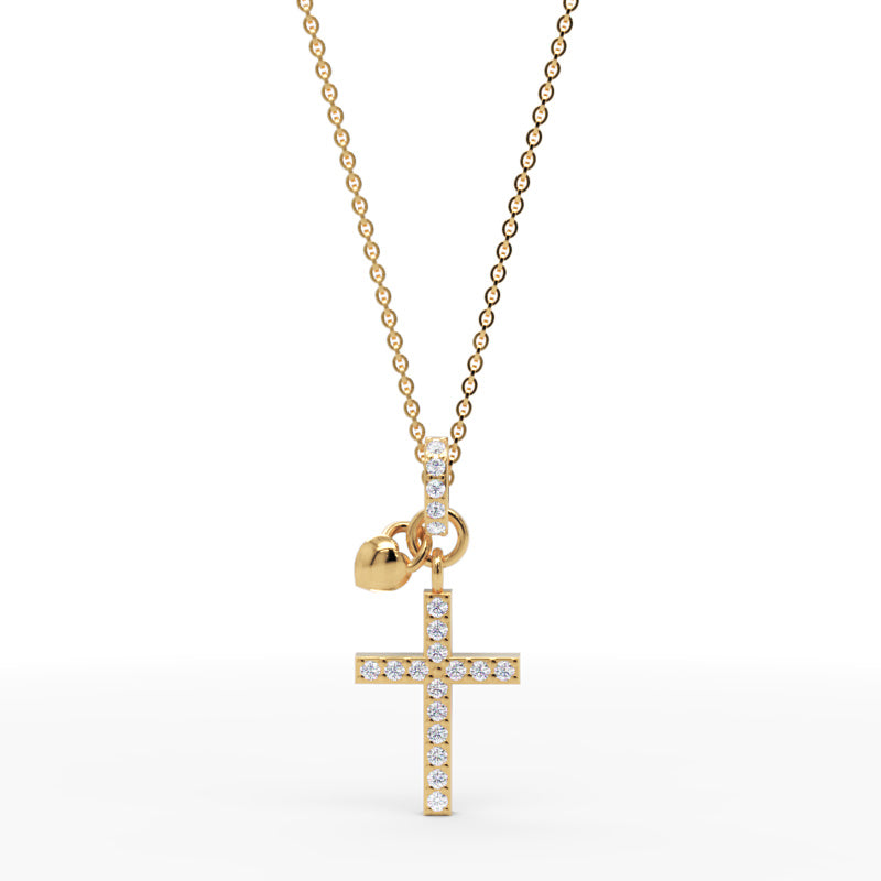 Pav Cross Pendant Necklace With Heart Charm - Two