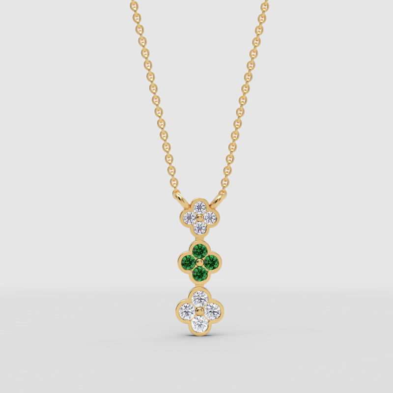 Diamond And Emerald Clover Pendant Necklace In White Gold - Three