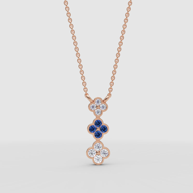 Blue Sapphire And Diamond Clover Pendant Necklace In White Gold - Three
