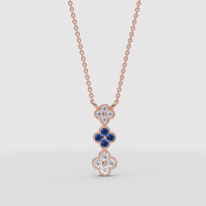 Blue Sapphire And Diamond Clover Pendant Necklace In White Gold - Three