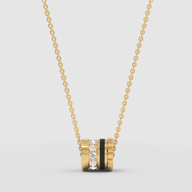 Pav Diamond And Black Enamel Barrel Pendant Necklace - Three