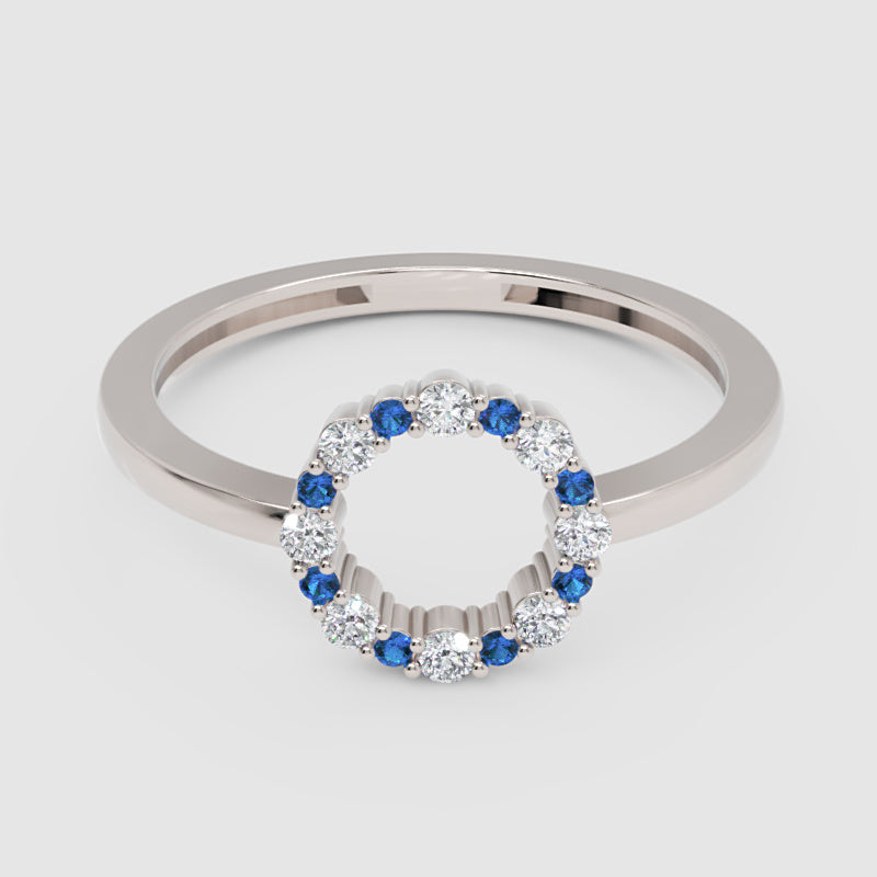 Blue Sapphire And Diamond Open Circle Ring - One
