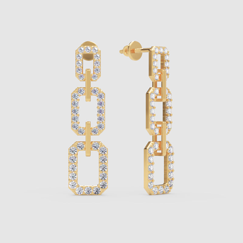 Pav Chain Link Drop Earrings With Rectangular Links - Three
