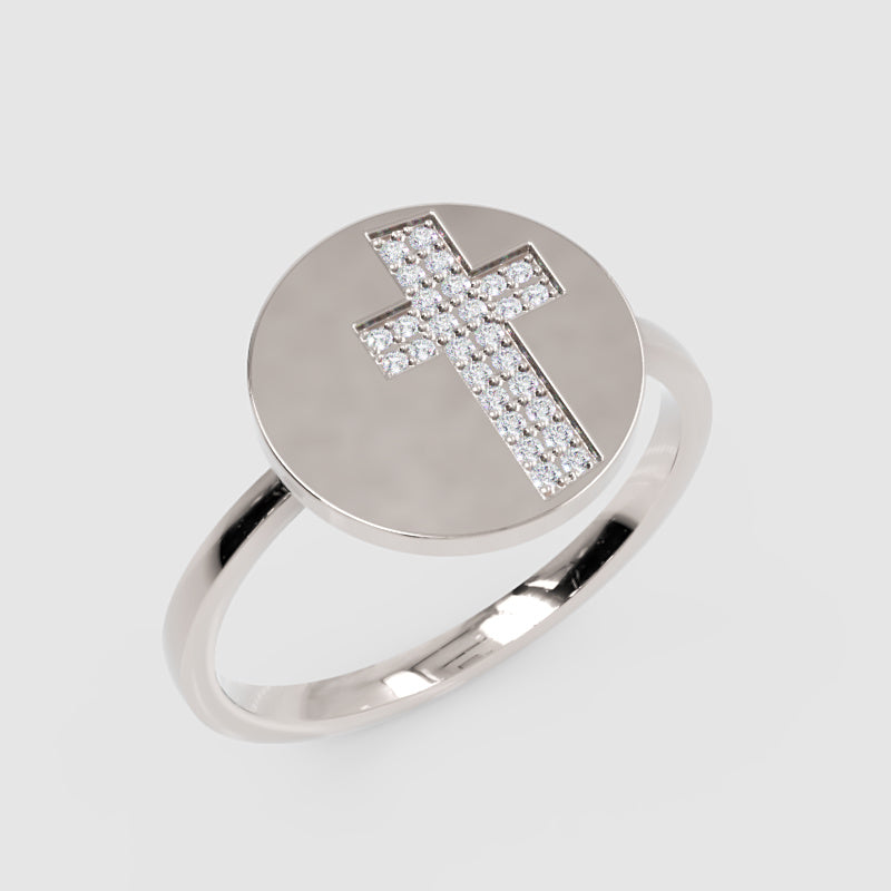 Pav Cross Disc Signet Ring With Twisted Band - Two