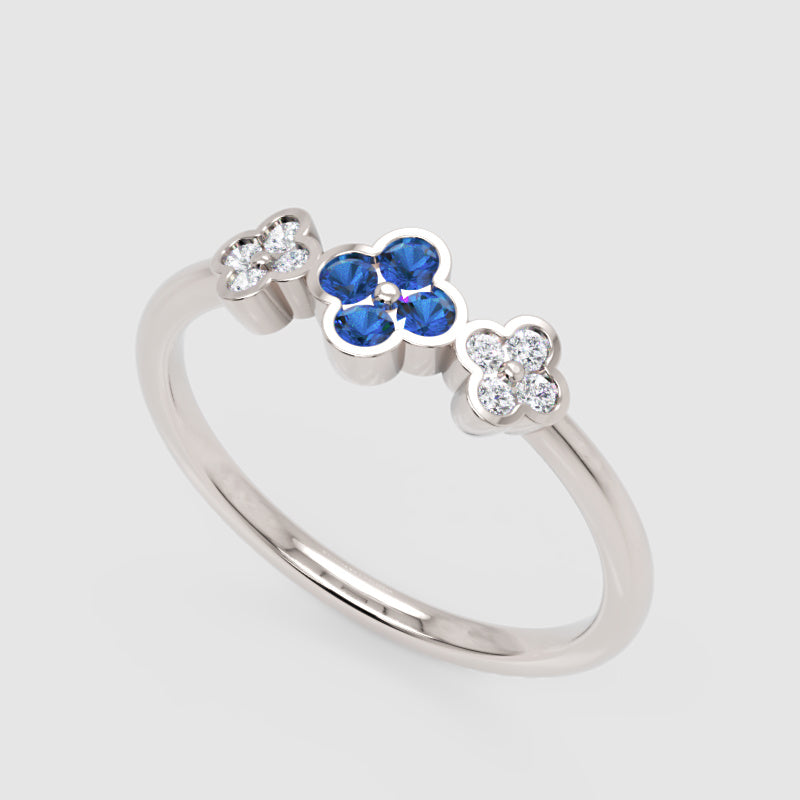 Blue Sapphire And Diamond Triple Flower Cluster Ring - Three