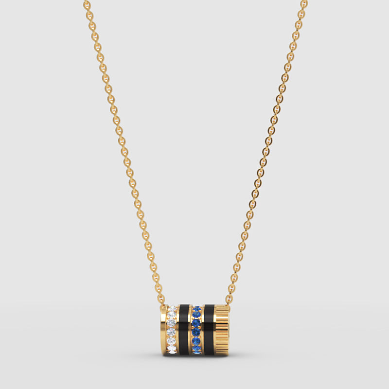White Gold Multi-Band Barrel Pendant Necklace With Diamond, Blue Sapphire & Enamel | Jebij - Three