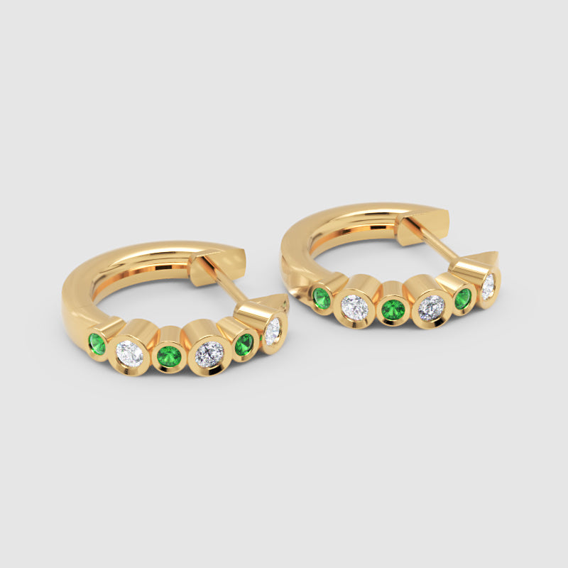 Diamond  And Gemstone Bezel Set Huggie Hoop Earrings In Yellow Gold - Three