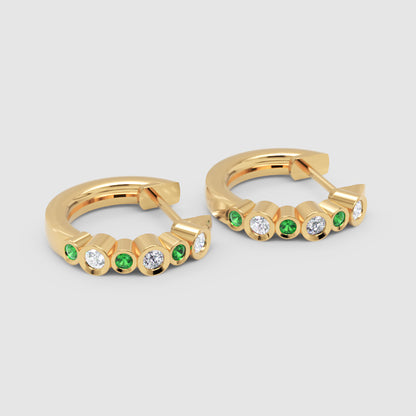Diamond  And Gemstone Bezel Set Huggie Hoop Earrings In Yellow Gold - Three