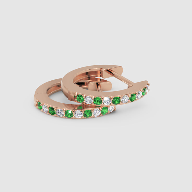 Rose Gold Emerald And Diamond Huggie Hoop Earrings - Three