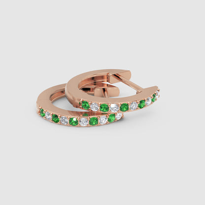 Rose Gold Emerald And Diamond Huggie Hoop Earrings - Three