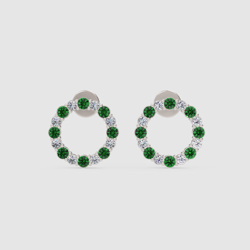 Rose Gold Emerald And Diamond Circle Stud Earrings - Five