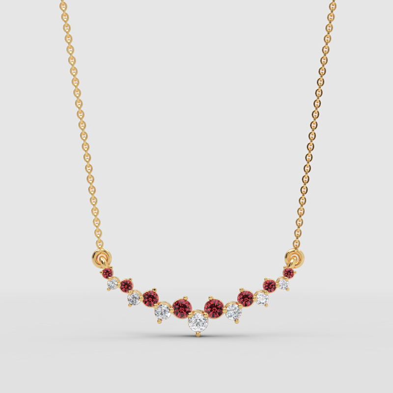 Red Gemstone And Diamond Curved Bar Necklace 14K Gold - Three