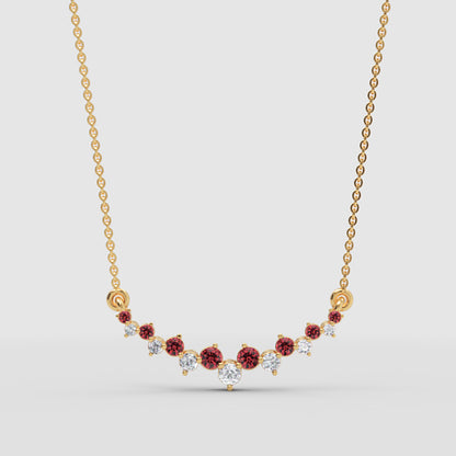 Red Gemstone And Diamond Curved Bar Necklace 14K Gold - Three