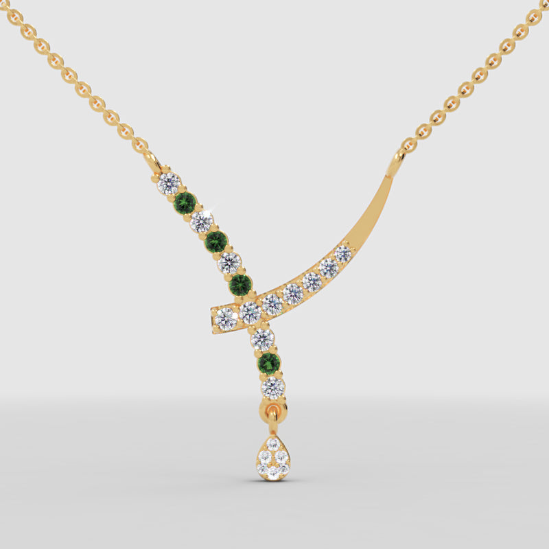 Natural Diamond Curved Bar Necklace With Green Gemstone Drop Pendant - Six