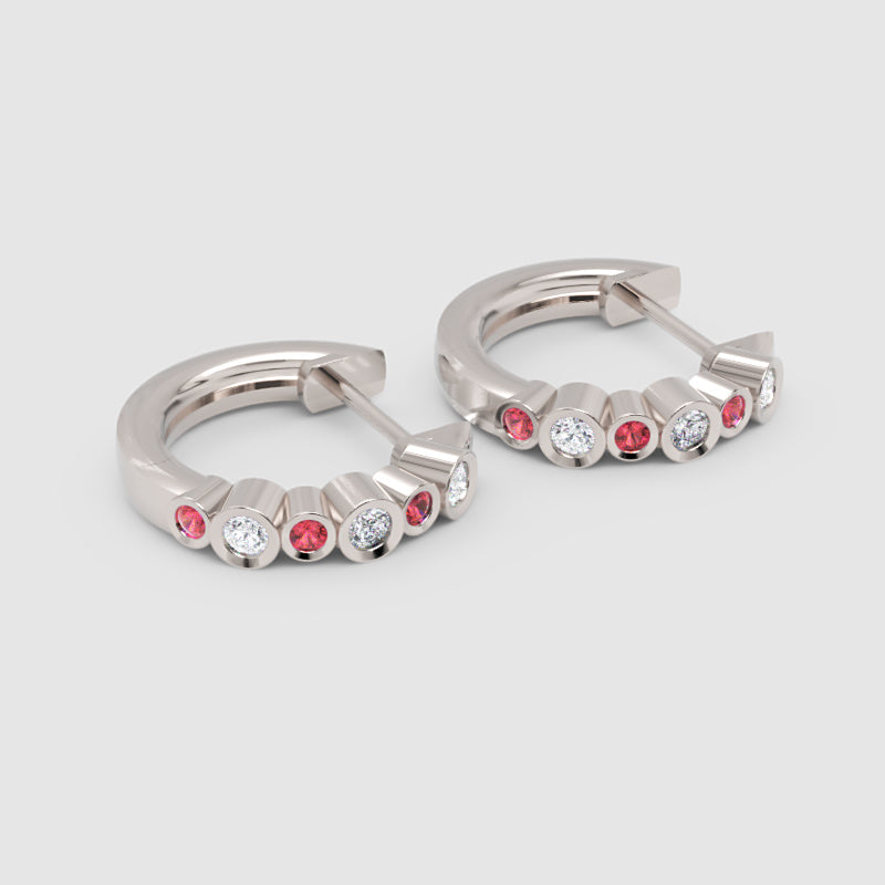 Pink And White Diamond Bezel Set Hoop Earrings In White Gold - Three