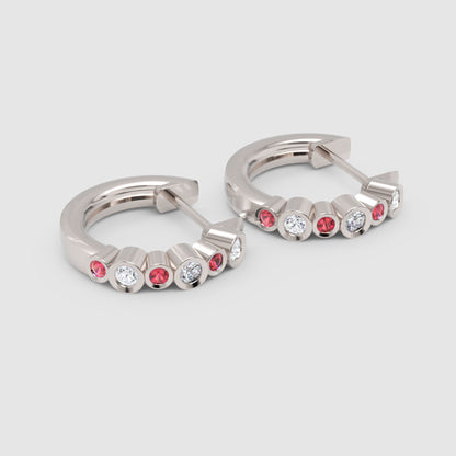 Pink And White Diamond Bezel Set Hoop Earrings In White Gold - Three