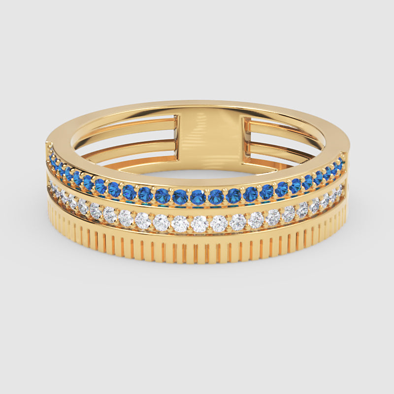 Gold Blue Sapphire Diamond Multi-Row Band Ring – Textured Statement Luxury Ring | Jebij - One