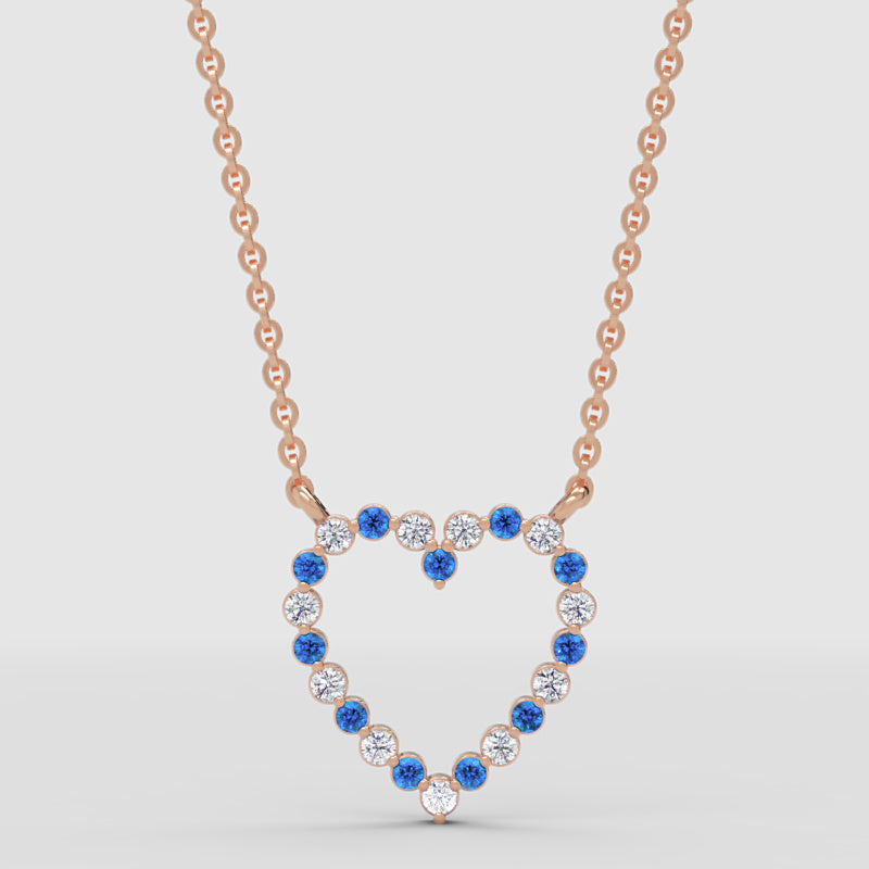 Blue Sapphire And White Diamond Heart Pendant Necklace In 14K White Gold - Four